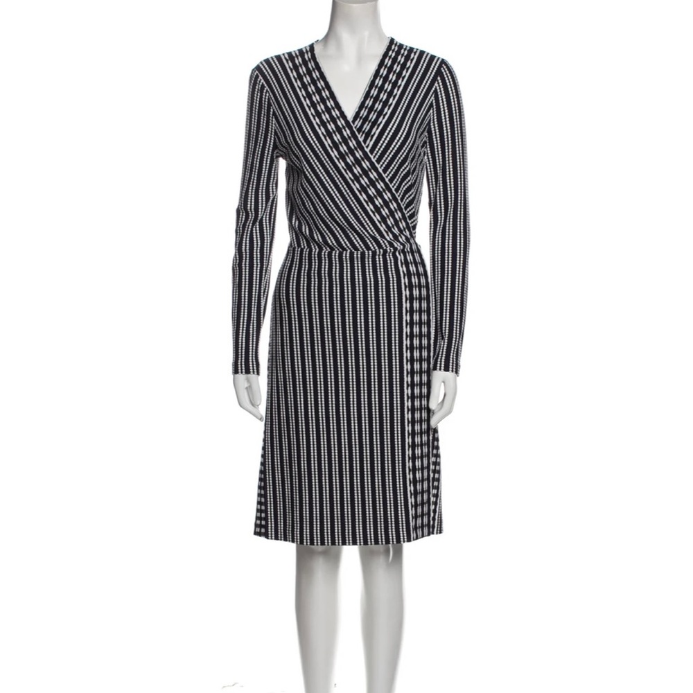 Tory Burch Striped Long-sleeve Wrap Dress.  Navy/Black/White
